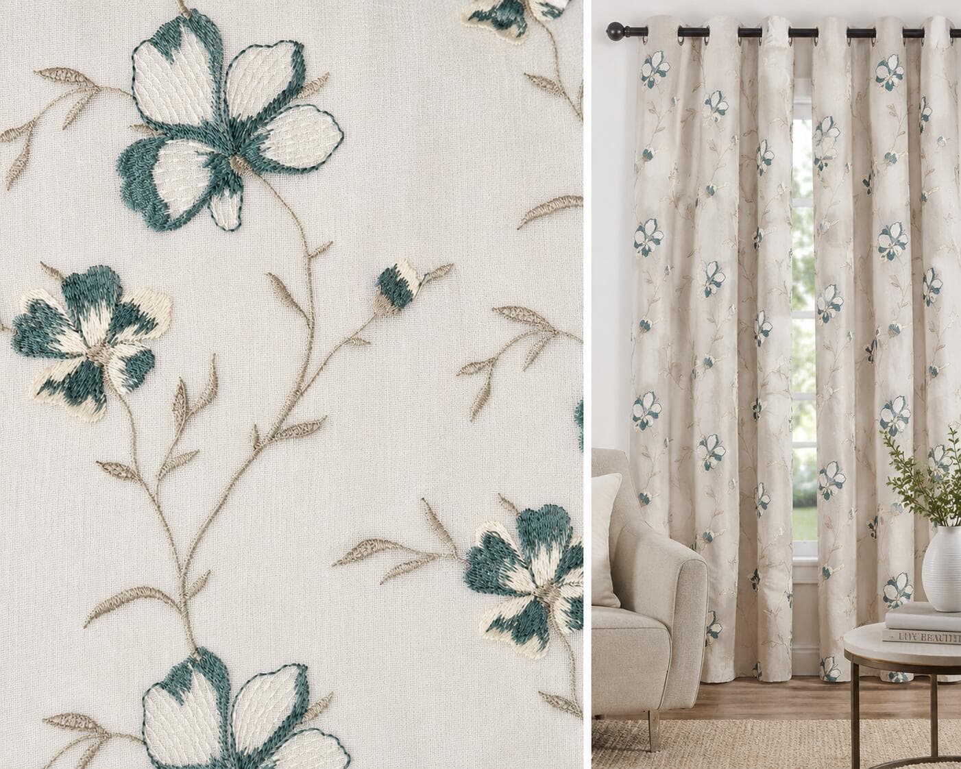 Azure Blossom Embroidered Curtain