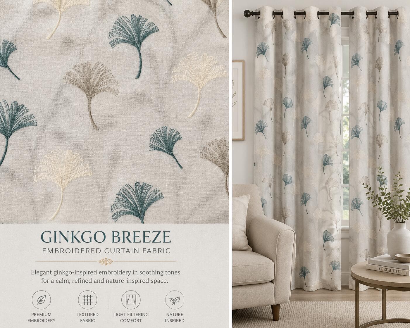 Ginkgo Breeze Embroidered Curtain